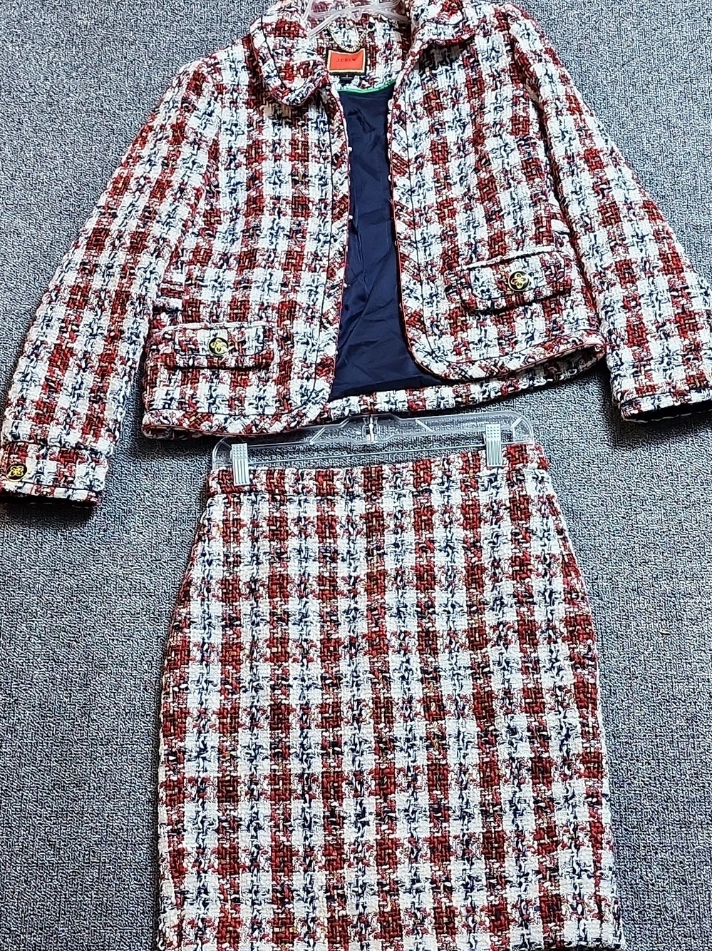 J.Crew Womans Checked Tweed Skirt Suit Jacket Set in Red and White. Size 4.